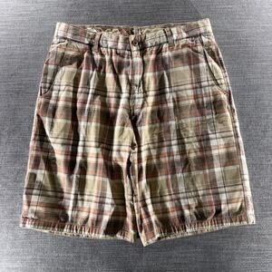 Timberland Plaid Shorts Mens 34 Tan Brown Good Cotton Flat Front Logo